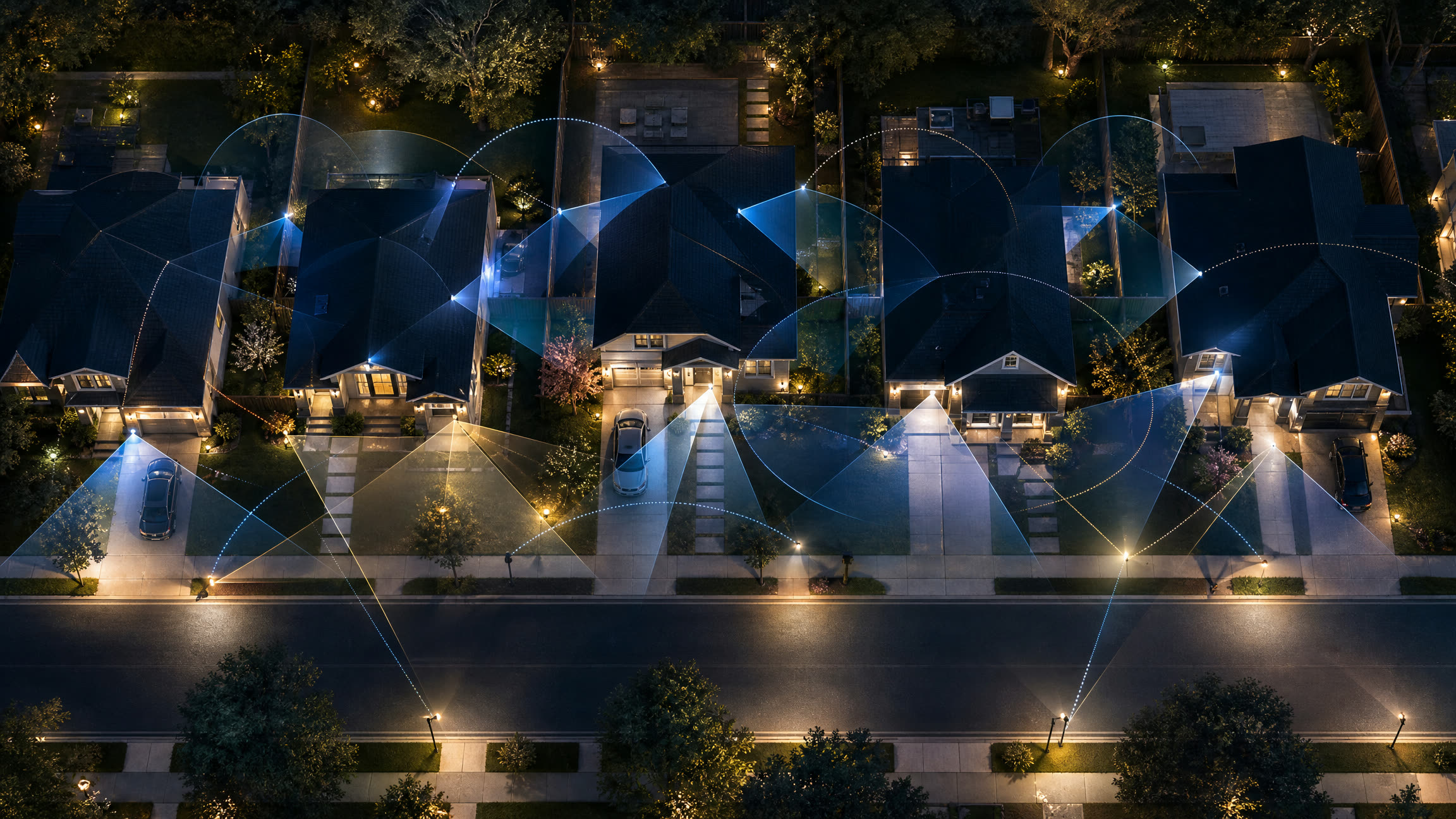 Aerial night view of a residential street with overlapping cones of camera and lighting coverage across driveways, walkways and front doors